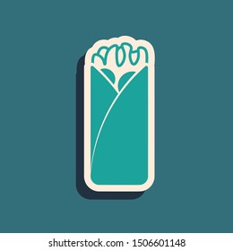 Green Burrito icon isolated on blue background. Traditional mexican fast food. Long shadow style. Vector Illustration