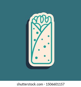 Green Burrito icon isolated on blue background. Traditional mexican fast food. Long shadow style. Vector Illustration