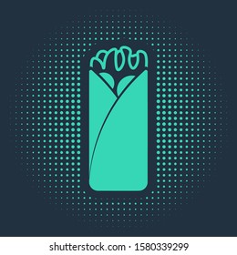 Green Burrito icon isolated on blue background. Traditional mexican fast food. Abstract circle random dots. Vector Illustration