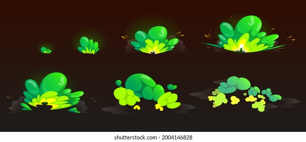 Grüne Sprites für Spiel oder Animation. Vektorgrafik-Storyboard der Cartoon-Explosion mit Farbwolken. Reihe von Sequenzen explodieren mit grünem Pulver oder Staubspritze einzeln auf schwarzem Hintergrund