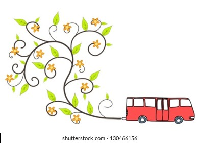 Green bus - environmentally friendly low emissions vehicle with floral ornament coming out of exhaust. Eco concept.