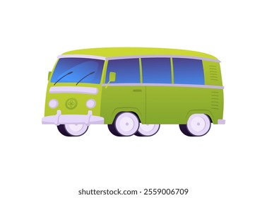 Green bus flat icon. Cartoon retro public transport, vintage travel vehicle. Transportation car toy. Vector illustration isolated on white background