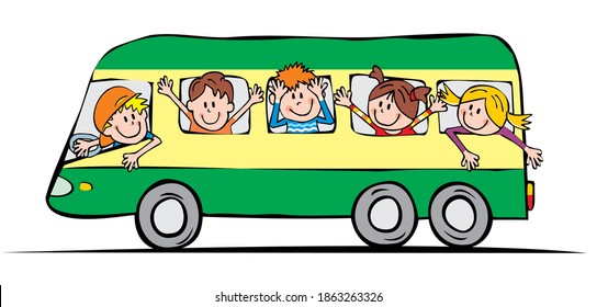 Green bus with girls and boys, humorous vector illustration