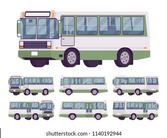 Green bus set. Single-decker bright large motor road vehicle for carrying passengers, city transit. Vector flat style cartoon illustration, isolated on white background, different positions and view