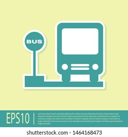 Green Bus stop icon isolated on yellow background. Transportation concept. Bus tour transport sign. Tourism or public vehicle symbol.  Vector Illustration