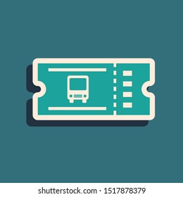 Green Bus ticket icon isolated on blue background. Public transport ticket. Long shadow style. Vector Illustration