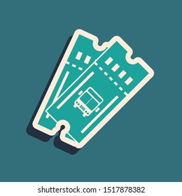 Green Bus ticket icon isolated on blue background. Public transport ticket. Long shadow style. Vector Illustration