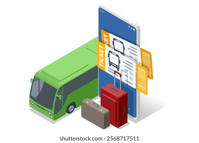 Green Bus, Tickets, and Luggage. Isometric vector featuring a green bus, stacked tickets, and red and brown luggage for a travel concept.