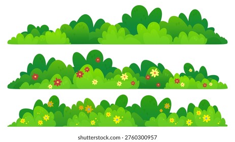 Green bush border cartoon vector illustration isolated on white background. Spring plant with blooming color flowers, natural garden hedge, park or forest design elements, summer landscape shrub