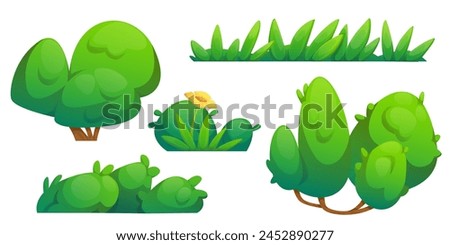 Green bush and grass border cartoon illustration. Garden tree plant icon set. Simple comic foliage fence with flower for game. Botany graphic asset for landscape or outdoor park hedge summer design