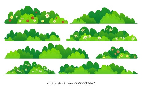 Green bush and grass elements set with flowers isolated on white background. Vector cartoon illustration of garden plants and shrubs for spring park scenes, blooming garden, decorative field details