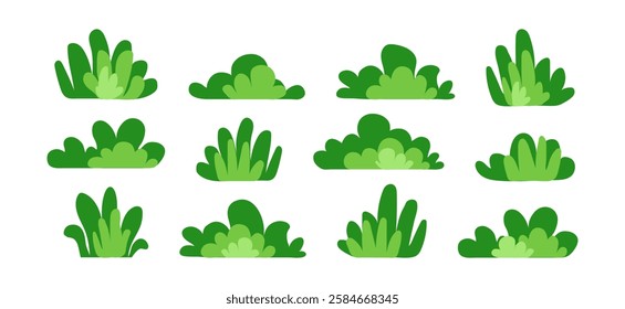 Green bush grass, forest tree and plant, cartoon garden icon. Park, leaf, lawn. Meadow and landscape, abstract field, cute foliage set isolated on white background. Nature simple vector illustration