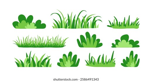 Green bush grass, forest tree and plant, cartoon garden icon. Park, leaf, lawn. Meadow and landscape, abstract field, cute foliage set isolated on white background. Nature simple vector illustration