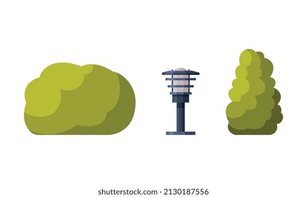 Green Bush with Lush Foliage and Lantern as Park Zone Element Vector Set