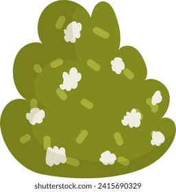 Green bush with white flowers cartoon style. Simplified nature element for kids illustration. Vector illustration of a lush bush with simplistic design, ideal for children's book vector illustration.