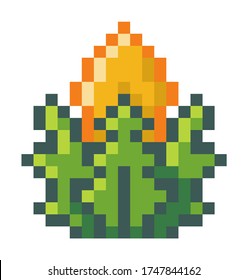 Green bush with yellow flower. Pixel symbol for mobile game, 8bit abstract object. Icon for computer or phone game, videogame in 80s style isolated at white background. Pixel game design. Plant vector