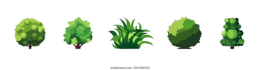 Green bushes. Different bushes set. Natural concept. Planting and environmental theme. Lush greenery. Landscape design. Vector set