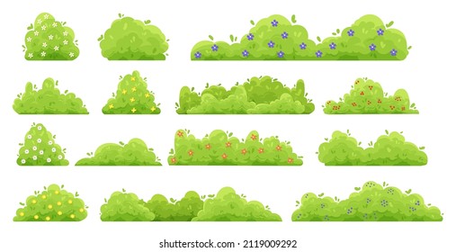 Green Bushes With Flowers. Cartoon Forest And Park Shrubbery With Flowers. Vector Decorative Hedge Isolated Set