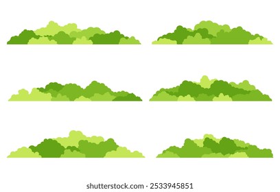 Arbustos verdes. Conjunto de arbusto de grama isolado no fundo branco. Coleção de grama verde. Arbusto com bonito. Ilustração de vetor plano.