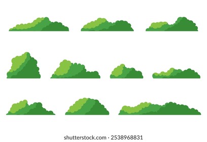 Green bushes. Set of grass bush isolated on white background. Green grass collection. Bush with beautiful. Flat vector illustration.