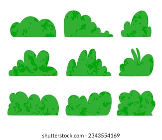 Arbustos verdes, plantas naturales texturadas, diseño plano, minimalista.Parque natural y decoración ecológica forestal.Aislado. Ilustración del vector