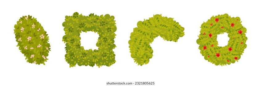 Green Bushes and Shaped Shrubs as Decorative Park Flora Vector Set