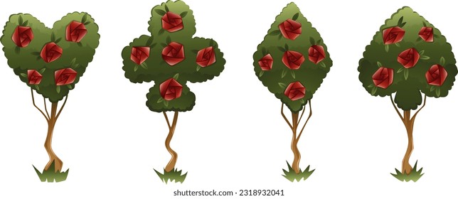 green bushes trees with red roses in shapes of cards. Club, diamond, heart, and spade