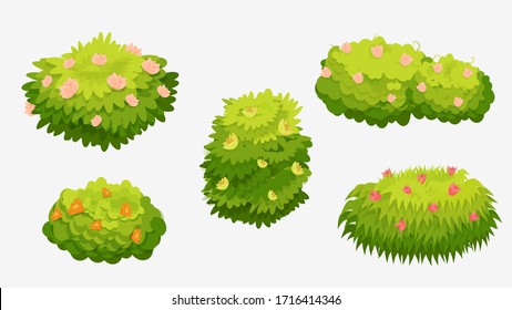 Green bushes with various flowers. Green bushes with pink, yellow, orange and red flowers isolated on a white background. Used as a landscape element to create a scene. Vector cartoon illustration