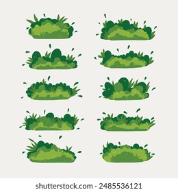Green bushes in various shapes. Illustrated in a simple flat cartoon style. Perfect for landscape and garden designs.