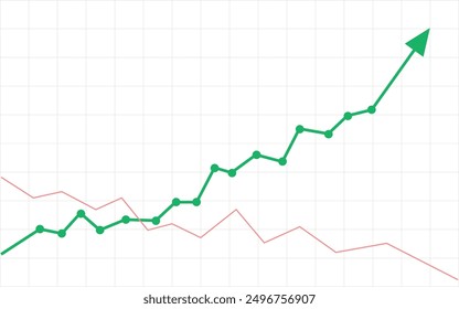 green business arrow rising up with dots followed by line graph going down, trading profit, economic boom, business growth