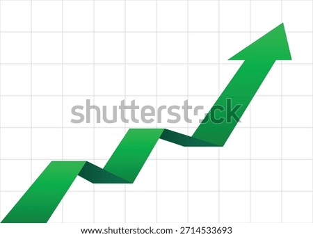 Green Business Arrow Rising Up Flat Folded Zigzag Form on Grid Background, Representing Consistent Profit Growth and Economic Boom