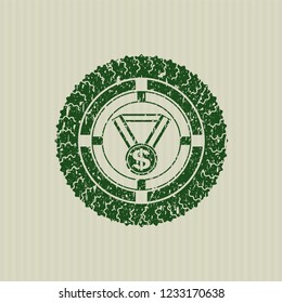 Green business award icon inside distressed rubber grunge texture seal