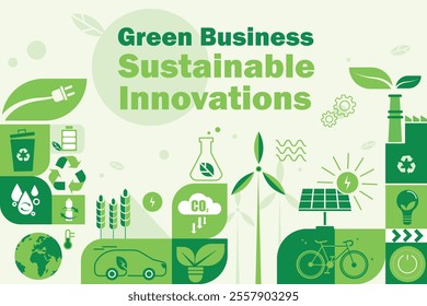 Green Business. Banner with elements of Sustainable Innovation to care for nature and reduce emissions. Alternative energy, recycling and reuse. ESG for organization. Flat vector illustration