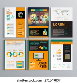 Green business brochure template design with orange shapes. Cover layout and infographics