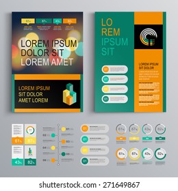 Green business brochure template design with orange shapes. Cover layout and infographics