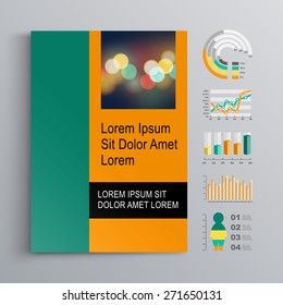 Green business brochure template design with orange shapes. Cover layout and infographics