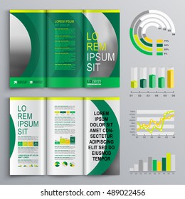 Green business brochure template design with round shapes. Cover layout and infographics