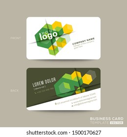 Green business card design with isometric cube graphic background. Clean and modern name card design template. Youthful dynamic green concept environmental business card