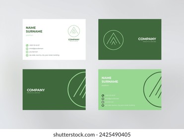 A green business card design template with a round graphic logo, minimalistic style and icons for contact information