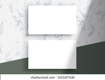 Green Business card Mockup. Natural lighting overlay shadows. Realistic vector illustration. Scene shadows from the window. Business cards 3.5x2 inch. Minimal and clean layout and marble background.