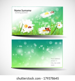 Green Business Cards with meadow and ladybug