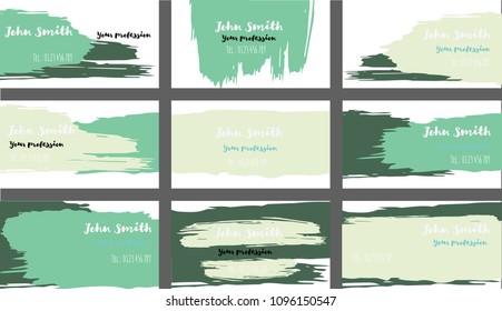 Green Business Cards Vector Template Collection. Ink, Oil Paint Brush Strokes Cool Banners Set. Creative Atristic Grungy Retro Corporate Identity. Funky Strokes Ads, Business Cards Vector Template.