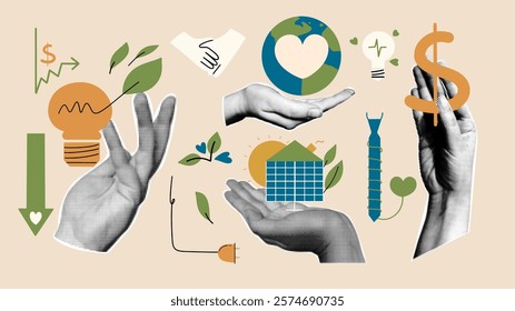 Green business collage, ESG elements with halftone hands. Sustainable energy concepts featuring solar panels, Earth, and eco-friendly elements