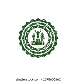 Green business competition, podium icon inside distress rubber stamp with grunge texture