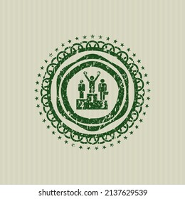 Green business competition, podium icon inside distress grunge stamp. 