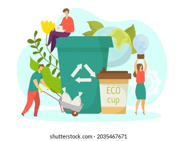 Green business concept, vector illustration. Flat man woman character use ecology friendly product, tiny people stand near recycle bin