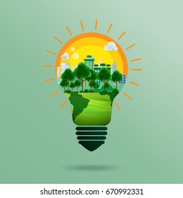 Green business conceptual design.Nature and Eco conservation concept.With green city landscape in light bulb shape.Vector illustration.