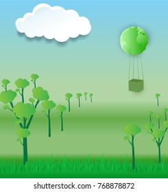 Green Business Ecology Background Vector.  Paper-cut clouds, earth balloon. It can be applied for kinds of media presentation such as background,backdrop,illustration,poster,printing or others.
