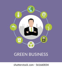 Green business. Flat banner with sustainable development elements. Environmental concept providing the natural resources and ecosystem services. Vector illustration.
