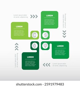 Green Business Flow: Modern Gradient Infographic with Connected Process Blocks and Icon Circles. Perfect for Strategic Planning, Mobile Banking, Fintech, and Sustainable Business Presentations.